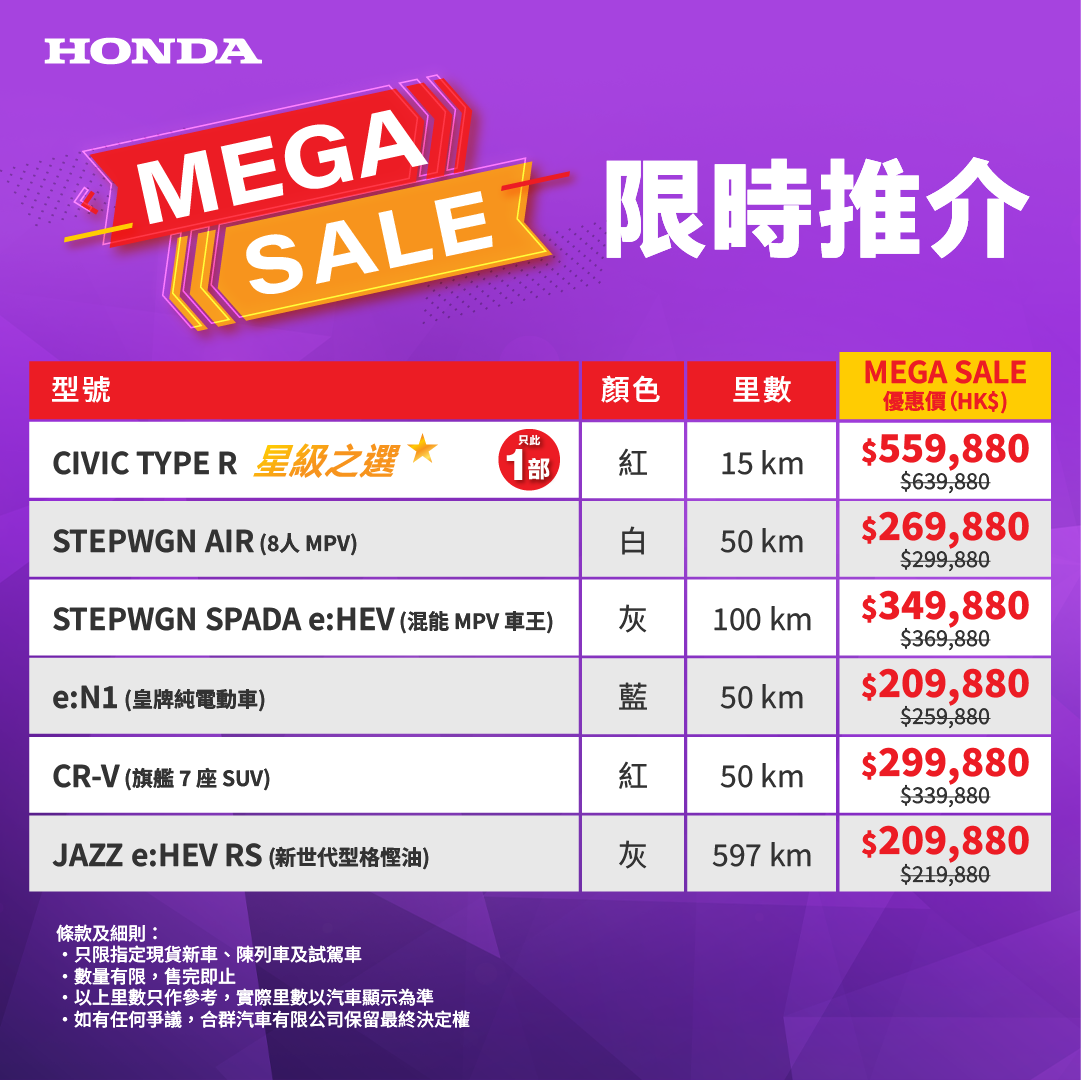 <span style="color:#000000;">  本田 x DCH MEGA SALE <br> 精選型號勁爆優惠 <br> 高達 $80,000