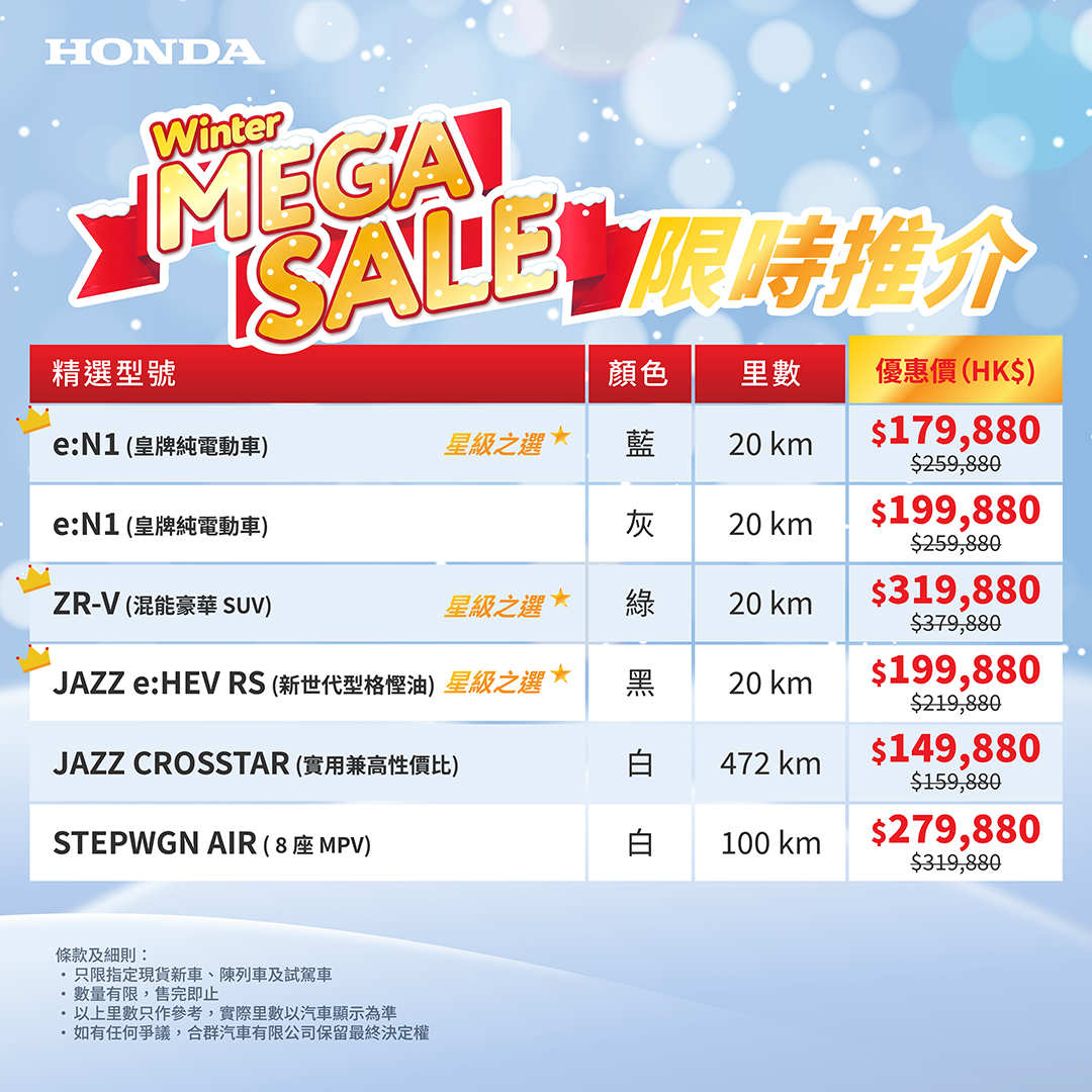 <span style="color:#000000;">  本田 x WINTER MEGA SALE<br>精選型號優惠高達 $80,000^